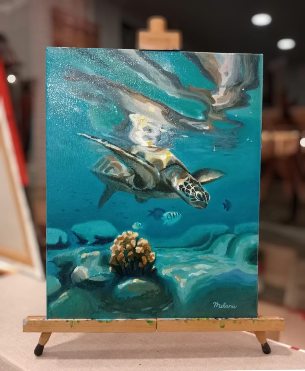 Pintura al óleo de tortuga marina submarina
